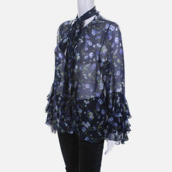 Prabal Gurung Womens Sheer Floral Tie Neck Blouse - Picture 2 of 4